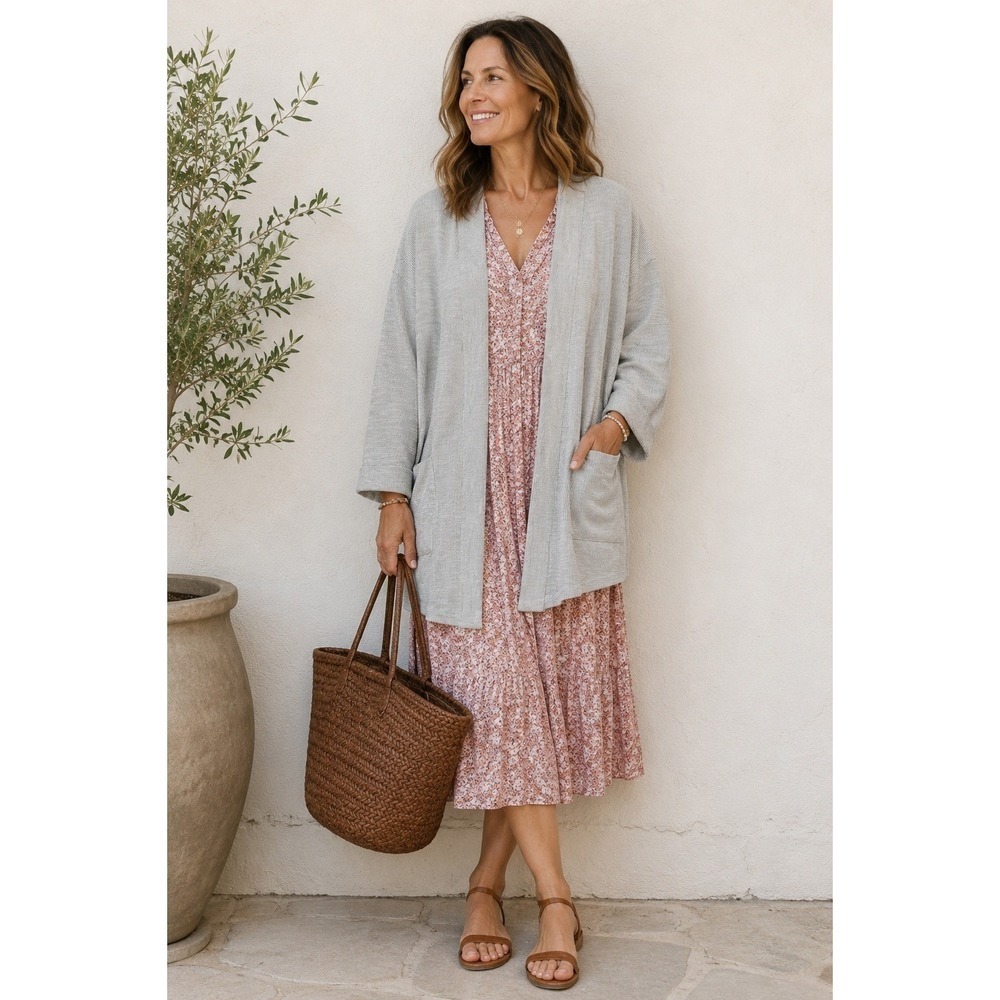 Donni Cardigan‎ Womens OSFA Gray Striped Coastal Grandma Lagenlook Minimalist
